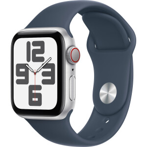 Apple Watch SE 2023 Cellular Aluminium 40mm Αδιάβροχο με eSIM και Παλμογράφο Silver με Storm Blue Sport Band S/M