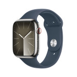 Apple Watch Series 9 Cellular Stainless Steel 45mm Αδιάβροχο με eSIM και Παλμογράφο Silver με Storm Blue Sport Band S/M